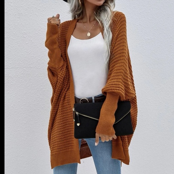 Cozy Rust Brown Dolman Sleeve Open Front Cardigan Sweater - Picture 5 of 15